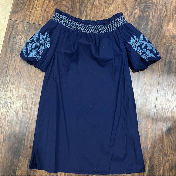 BeachLunchLounge Blue Cotton Embroidered Off the Shoulder Shift Mini Dress Small - Picture 2 of 7